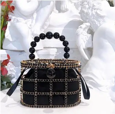 Polyester black Роскошная черная сумочка с бриллиантами, украшенная бисером, с ручкой из металла, женские вечерние сумки, сумка на плечо, сумочка на цепочке, женская сумка, сумка через плечо - Цвет: Polyester black