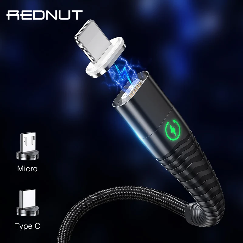 Магнитный светодиодный кабель REDNUT, 1 м, 2 м, Micro usb type C, магнитный usb-кабель для зарядки iPhone X XS Max XR 7 8, huawei, samsung, xiaomi, LG