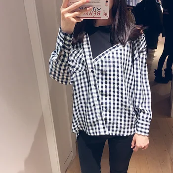 

19 Summer Design Feeling Irregular Off Shoulder Round Neck Splicing Square Shirt Female 98007