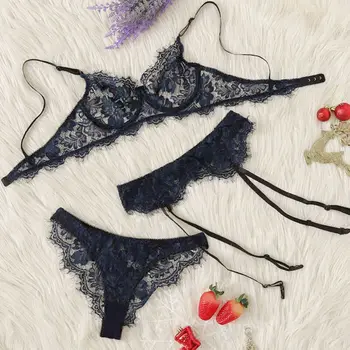 

2019 Fashion Brand New Hot Lingerie Set Bra Sets 3Pcs Women Sexy Lace Bra High Waist Garter Belts G-Strings