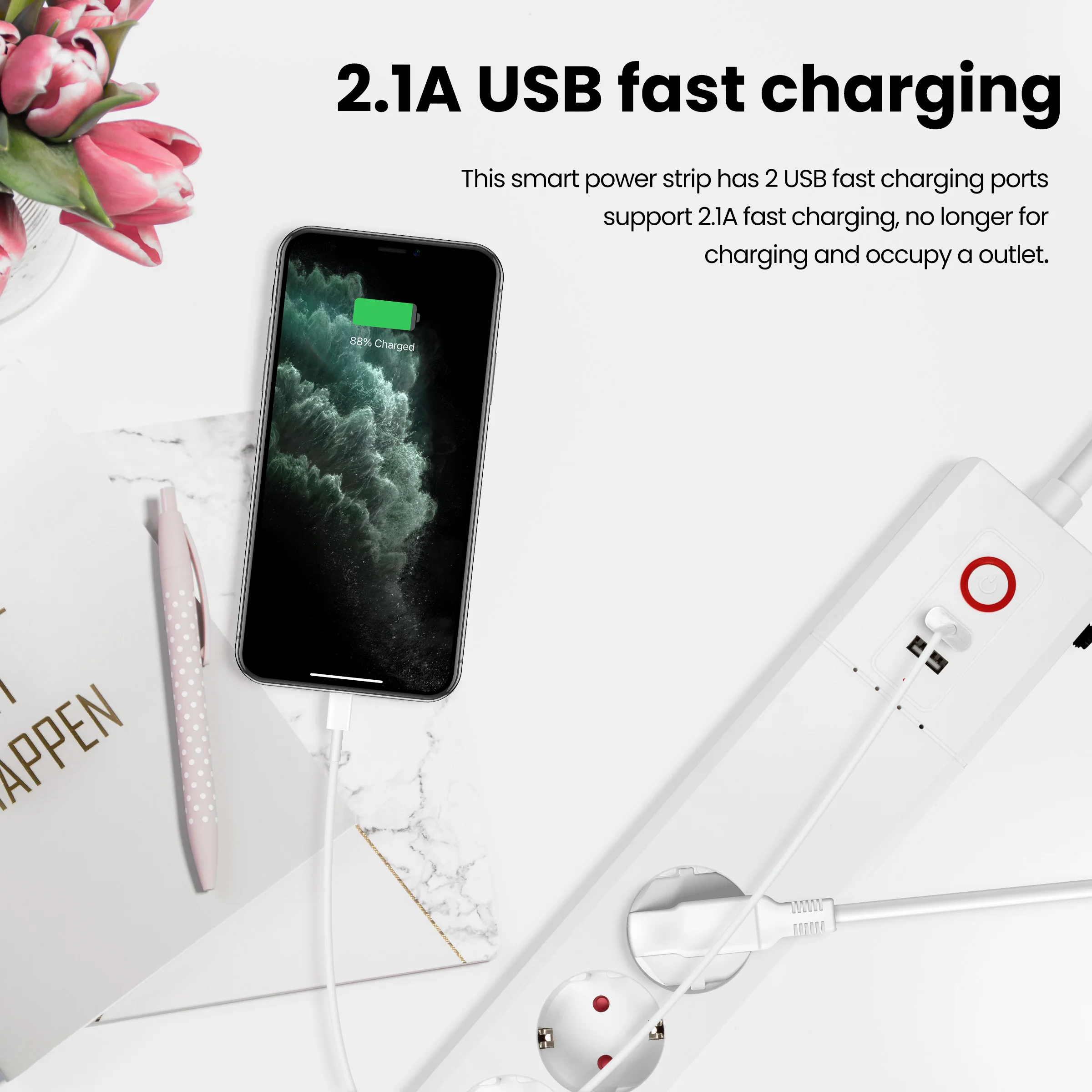 Zigbee Smart Power Strip Bar Extension Cord 4 EU Outlets Plug 2 USB Charging Ports Tuya Smart Life  Alexa Google Home Assistant
