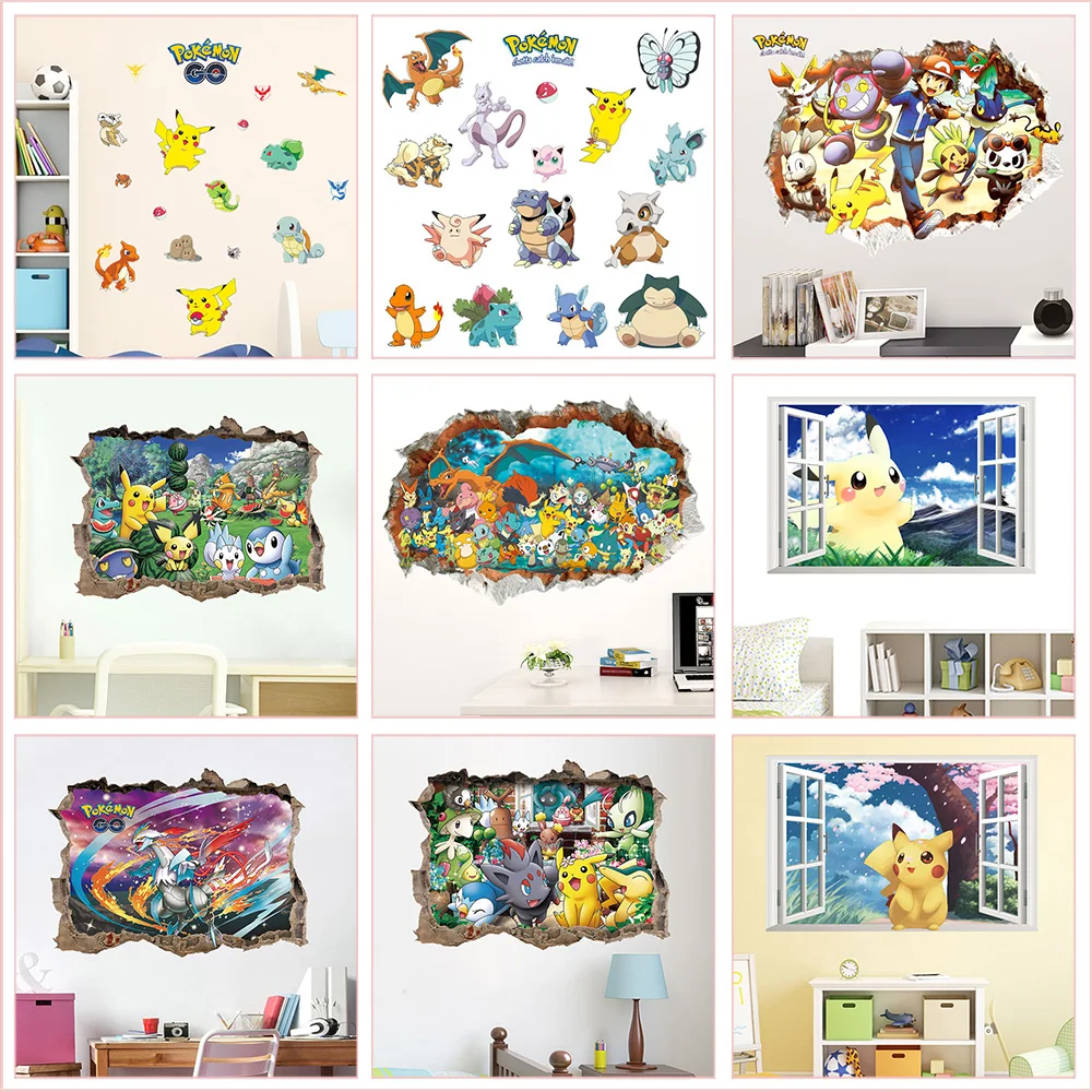 Pokemon Cartoon Animals Wall Stickers For Kindergarten Kids Room Bedroom Accessories Home Decor DIY 3Dview Wall Mural  Decals