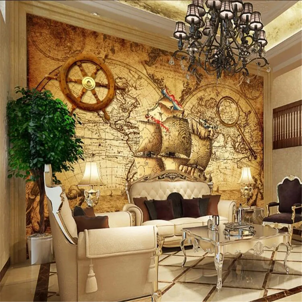 

Milofi custom 3D personality retro nautical world map theme mural wallpaper TV background wall