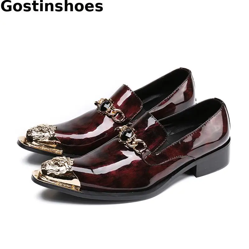 

Burgundy Men Shoes Genuine Leather Men Casual Leather Shoes Metal Capped Toe Slip-on Men Loafers Chain Decoration Crystal Mount