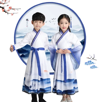 

Chindren Traditional Chinese Costume Boys Landscape Print Hanfu New Year Stage Folk Dance Outsuits Girl Fairy Blue Retro Dress