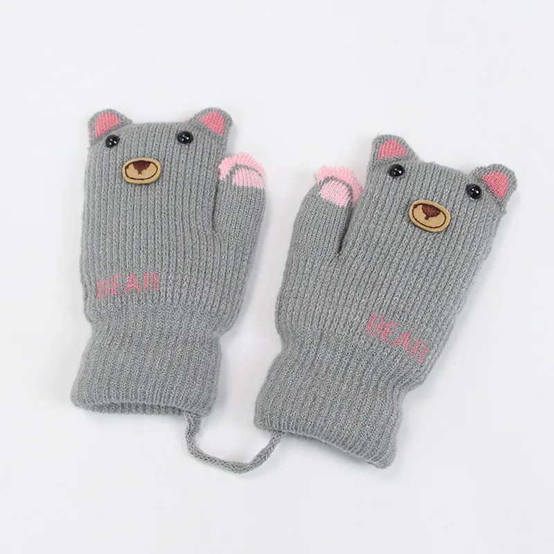 Children Glove Lovely Cartoon Increase Down Thickening Knitting Wool Baby Windbreak Keep Warm Cold-proof Child Glove - Цвет: gray