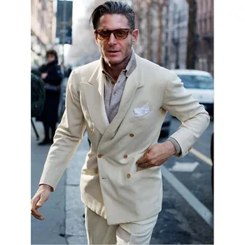 

Latest Coat Pant Designs Creamy beige Double Breasted Tuxedo Slim Fit Men Suit 2 Piece Suits Casual Blazer (Jacket+Pants)