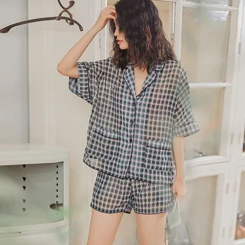 

Autumn Womens Short Pajamas Green Plaid Short Pijama Mujer V-Neck Satin Sleepwear Korean Loose Shorts Home Clothes Two-piece Set