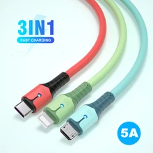 5A 3 In 1 Fast Charging USB Data Cable USB To Micro USB/Type-C/8 Pin Charger Kable Liquid Silicone LED Cord For iPhone 12 Huawei