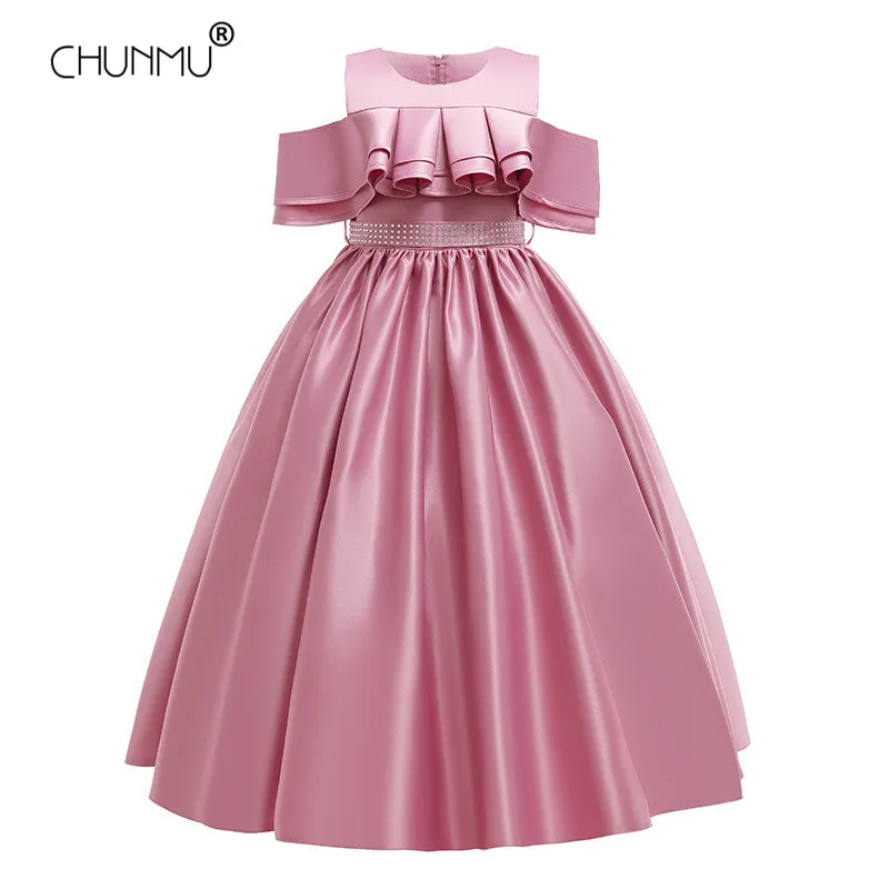 Girls Formal First Communion Dress for Kids Girl Princess Dresses Elegant One Shoulder Drilling Girl Party Wedding Gown Clothing
