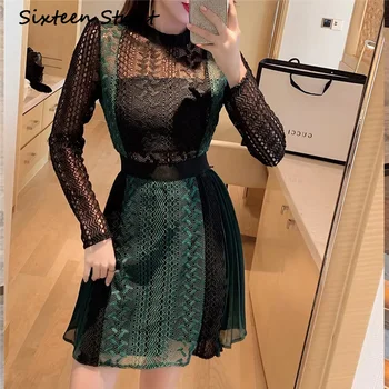 

Green Hollow-out Lace dress Woman 2020 Spring Long sleeve self Dress female runway designer vestidos party autumn
