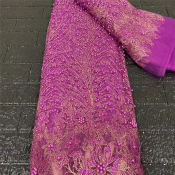 

Purple African beads Lace Fabric 2020 High Quality Lace French Mesh Lace Fabric Embroidered With Sequins Nigerian Lace Fabrics