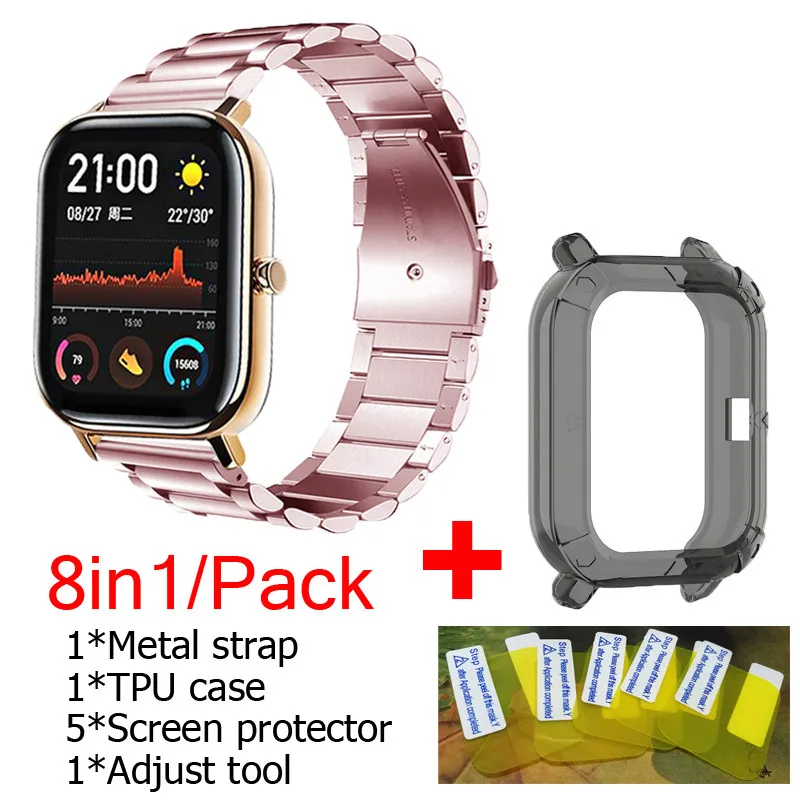 Браслет Для Xiaomi Huami amazfit GTS металлический ремешок из нержавеющей стали Смарт-часы браслет ТПУ чехлы накладки Защитная пленка для экрана - Цвет: rose pink-black