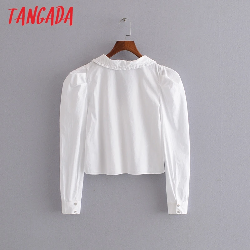 Online Tangada frauen perlen tasten weiß shirts baumwolle langarm peter pan kragen kurze stil junge damen blusen 3H08