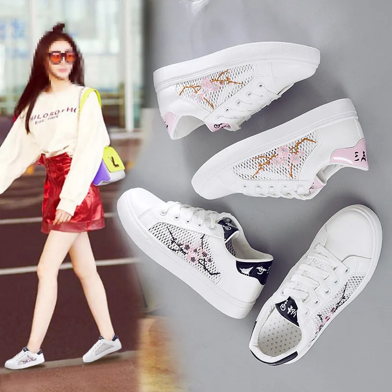 

2019 Summer Korean-style White Shoes Women's Breathable Hollow out Embroidered Mesh Shoes Versatile Lace-up Street Snap Skate Sh