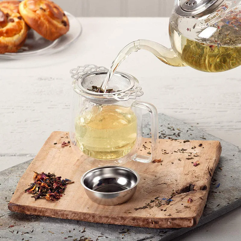 

Traditional Stainless Steel Tea Strainer with Drip Bowl Easy Clean Tea Infuser Leaf Double Ear Hanging Herbal Spice Filter