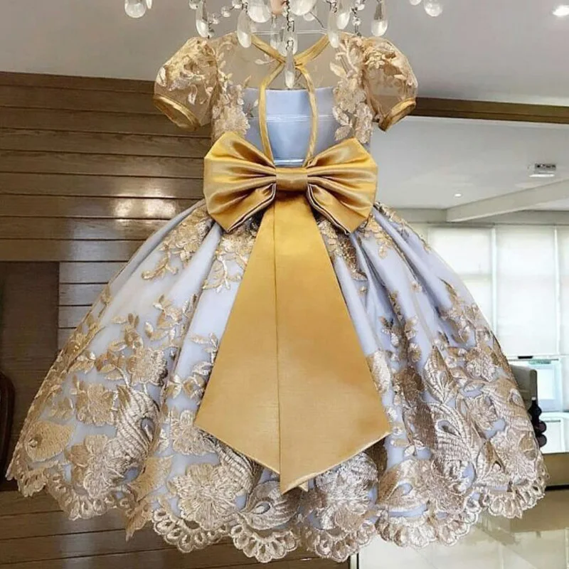 Vestidos de flores rosas para niñas, vestido de fiesta, faja de perlas  daminha, lazo, Mangas de casquillo, vestido de flores para niña, vestido de  encaje para primera comunión - AliExpress