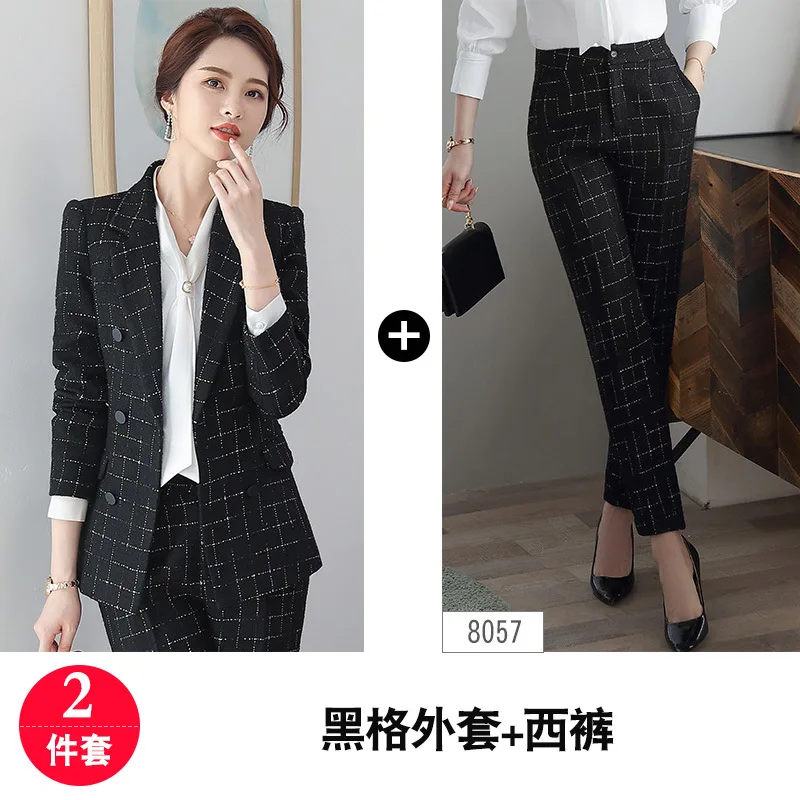 black jacket pant Клетчатый брючный костюм для женщин, зимний модный костюм для женщин, куртка с длинными рукавами и штаны, профессиональная одежда, женский костюм, офисный комплект - Цвет: black jacket pant