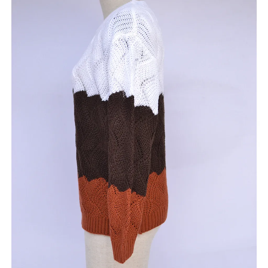 Женский свитер, модный осенний зимний Повседневный вязаный приталенный свитер с длинным рукавом в полоску и круглым вырезом, вязаный женский свитер, топы C840