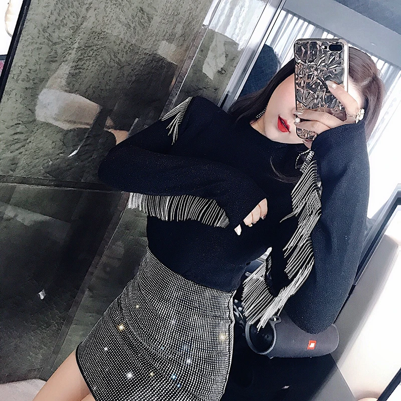 

2019 New Spring and Autumn Chic Tassel Stretch Knitwear Basic T-shirt Solid Color Female Long Sleeve Knitted Shirt Tops