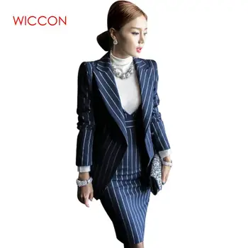 

New Autumn Women Striped Office Lady Dress Suits 2 Two Piece Sets Elegant Notched Jacket Blazer + Fashion Sheath Dresses Femme