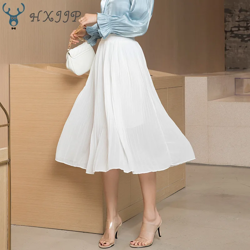 

Summer Elastic Waist Mid-long High-waist Mesh Skirt Show Skinny Elegant White Black Chiffon Pleated Skirt Female Office Lady