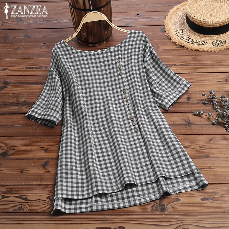 

Women's Check Blouse Stylish Summer Tops 2019 ZANZEA Button Blusas Female Short Sleeve Tee Shirts Female Causal Tunic Chemise