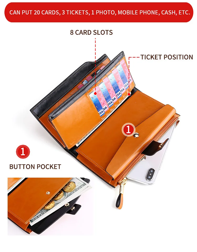A/W роскошный женский длинный кошелек из воловьей кожи с масляным воском, RFID, противоугонная сумка, кошелек, кредитный держатель для карт, держатели денег, ретро сумки