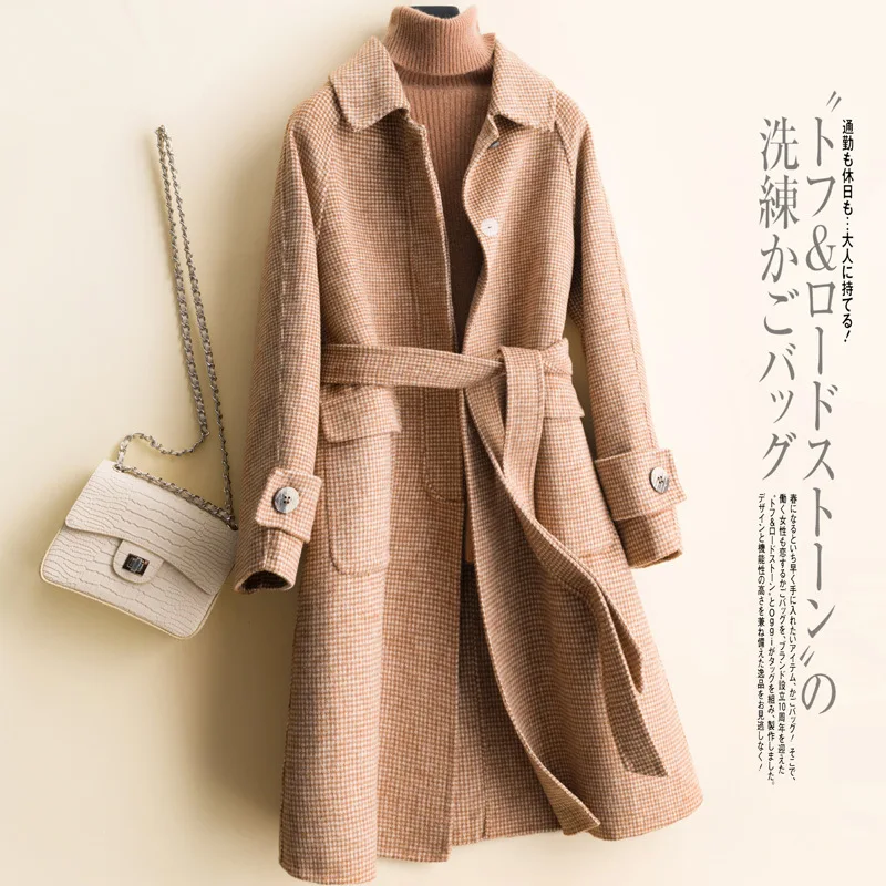 Зимнее женское пальто, высококачественное модное шерстяное пальто, новое одноцветное свободное шерстяное пальто в клетку, шерстяное пальто, женская куртка - Цвет: Camel
