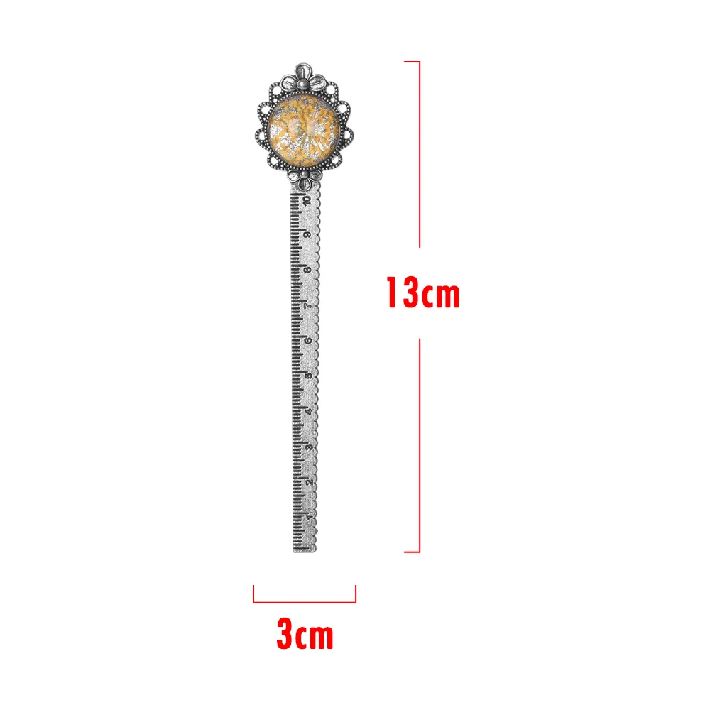 1PC Retro Metal Bookmark Ruler Colorful Dried Flower Silver Metal Ruler Flower Bookmarks Book Page Marker School Office Supplies