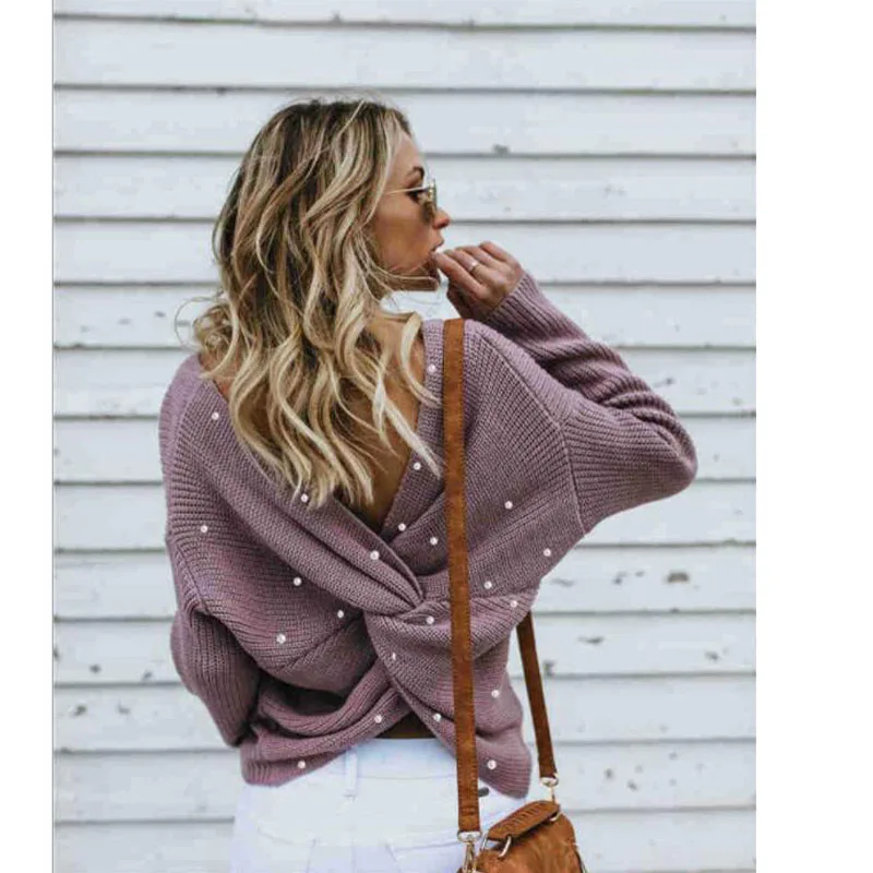 

S-3XL Pink Sexy Bat Sleeve loose V-Neck Beads Pearls Winter Knitted criss-cross Sweater Women Clothing Autumn Pullover Jumper