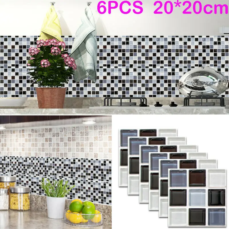 

6Pcs Waterproof 3D Mosaic Wall Tile Peel and Stick Self adhesive Backsplash DIY Kitchen Bathroom Home Wall Sticker