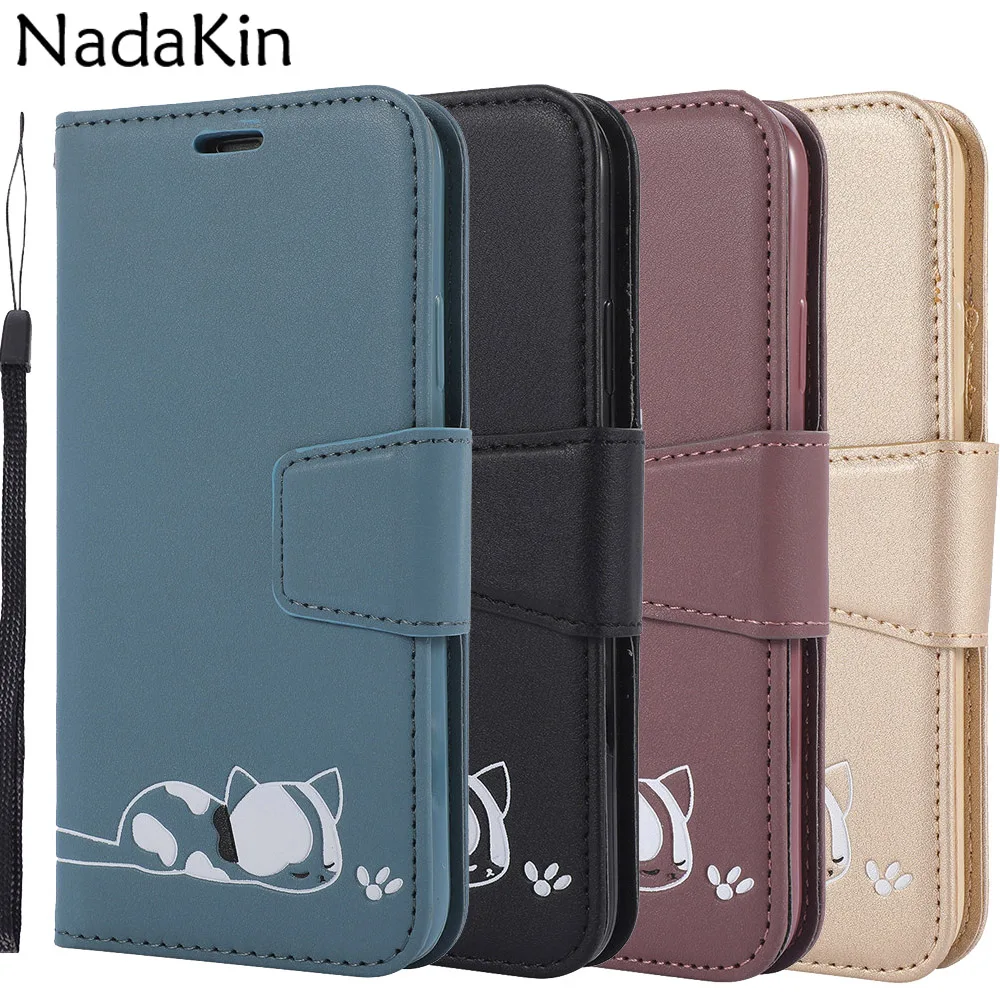 

Luxury Leather Book Cover Case for Xiaomi Mi A2 Lite Redmi Note 7 6 Pro Sleepy Cat Flip Shell With Card Slots Landyard