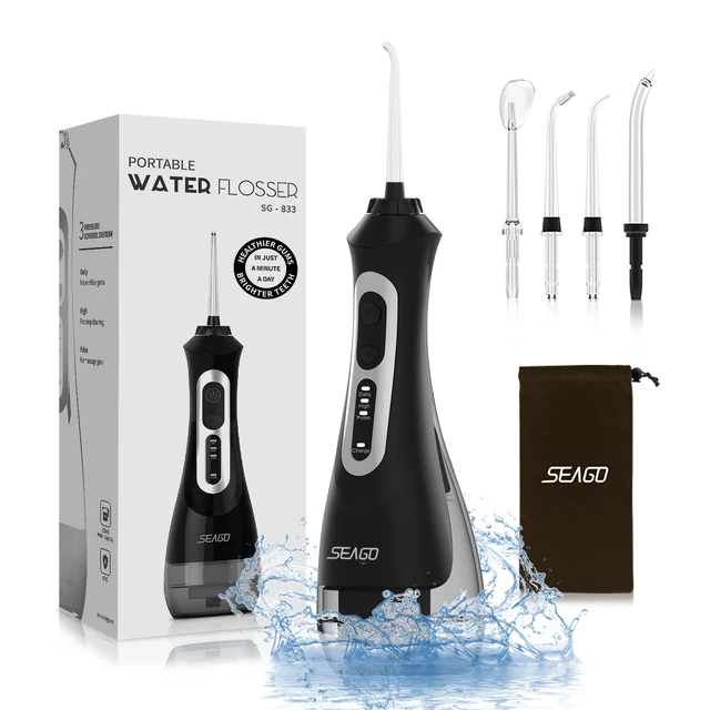 SEAGO Rechargeable Water Flosser Water Thread Oral Dental Irrigator Portable 3 Modes 200ML Tank Water Jet Waterproof IPX7 Home black