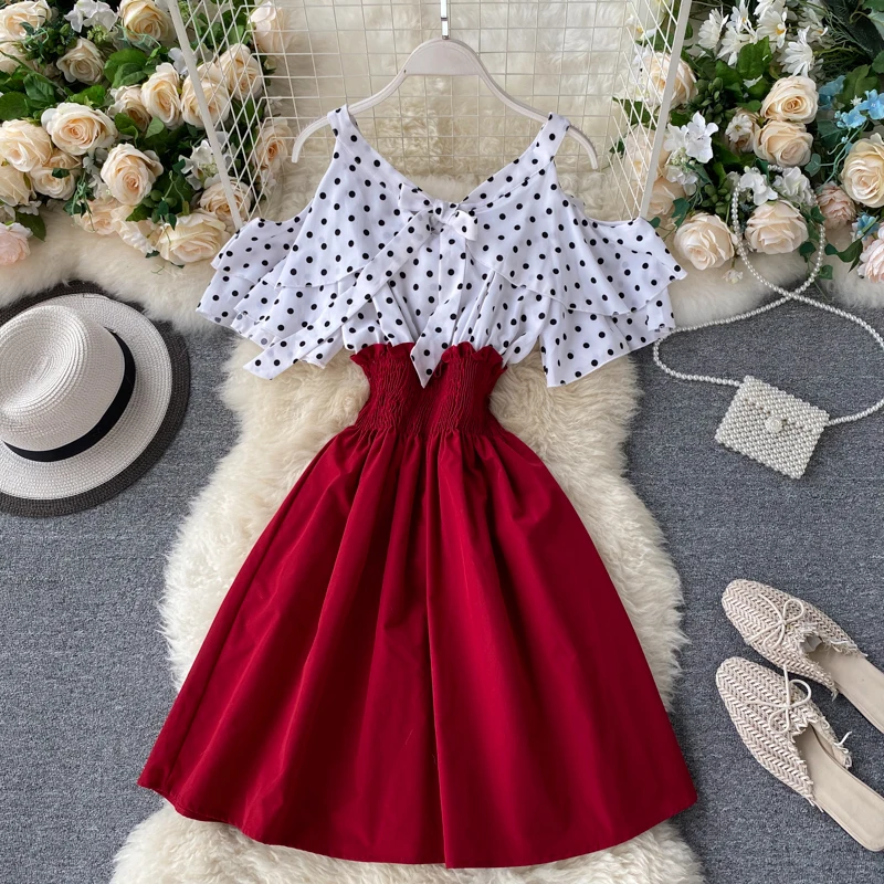 Boho Ruffles sexy Off shoulder polka dot print patchwork Summer short Dress Women slim waist dress casual a-line beach dress