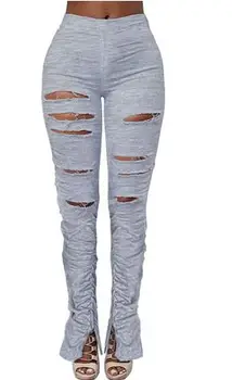 

Ligentleman Solid Holes Split Ruched Flare Pants Mid Waist Highly Stretchy Fashion Casual Women