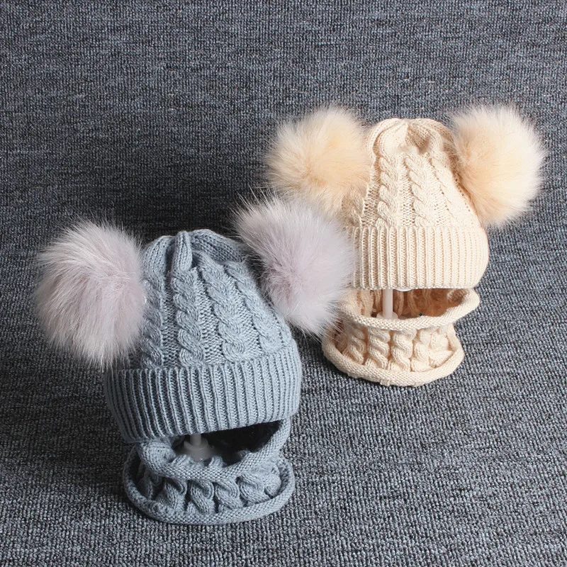 Новая Вязаная Шапочка для маленьких мальчиков и девочек, шарф с помпоном, теплые шапки, шарфы, осенне-зимний теплый вязанный комплект