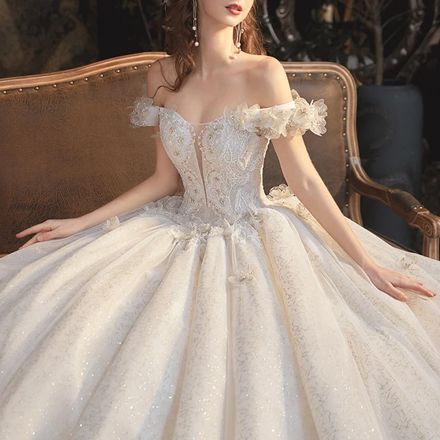 LDR39 Off-shoulder Wedding Dress 2021 New Bridal Tail Dream Dress Luxury Luxurious Style Princess Women's Flowers Print Gown 6