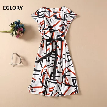 

New 2020 Summer Fashion Print Dress High Quality Ladies V-Neck Geometric Patterns Drawstring Waist Casual Black White Dress Sun