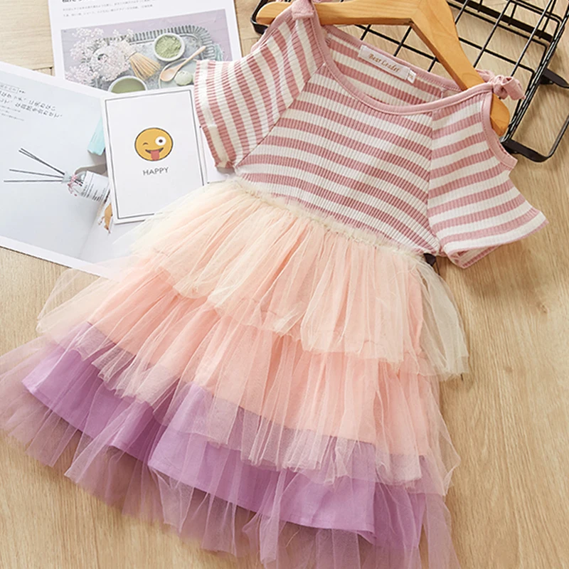 Bear Leader/платья для маленьких девочек; летнее Сетчатое платье принцессы с вышитыми ресницами и блестящими рукавами-крылышками для От 1 до 6 лет - Цвет: ax1083 pink