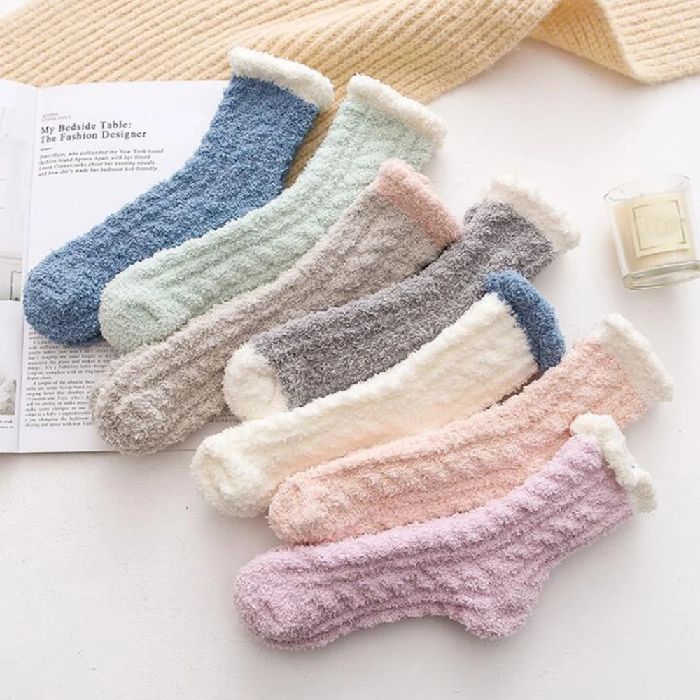 Повседневные шерстяные тапочки ярких цветов; зимние толстые носки для женщин и девочек; мягкие бархатные кружевные теплые носки; теплые носки-тапочки; аксессуары для носков