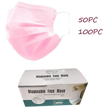 

100/50pc Disposable Face Mask Solid Pink Three Layers Earloop Dustproof Windproof Party Masks Adult Unisex Shield Mascarillas