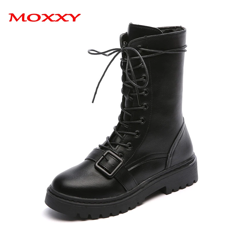 

2019 New Punk Gothic Med-Calf Boots Women Shoes Fall Lace Up Black Leather Combat Platform Boots Fashion Ladies Motorcycle Boots