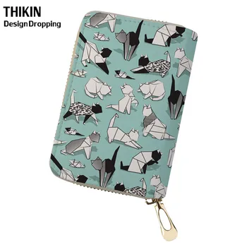 

THIKIN Origami Cat Printing PU Card Holder Women Travel Organizer Passport Cover Laides Leather Credit Cardholder Pasjes Houder