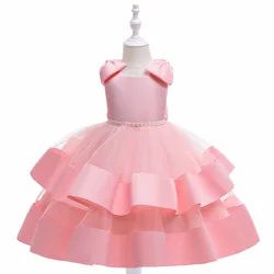 Kids  Pink Girls Dress For Baby Tulle Beaded Belt  Birthday Party Dress Flower Girls  Princess Bow Dress Children Clothes