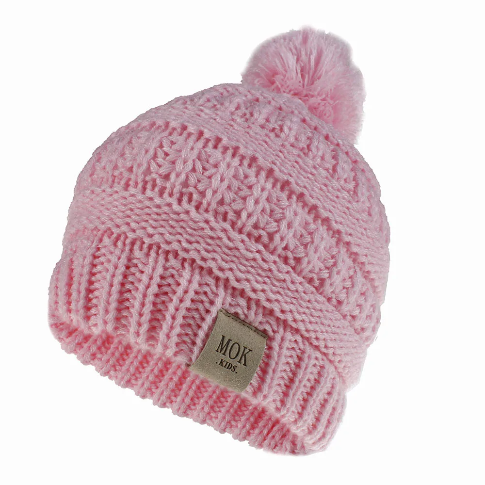 Зимние теплые вязаные шапки с милыми помпонами для мальчиков и девочек; Детские шапочки Skullies Beanies; 11 цветов - Color: pink