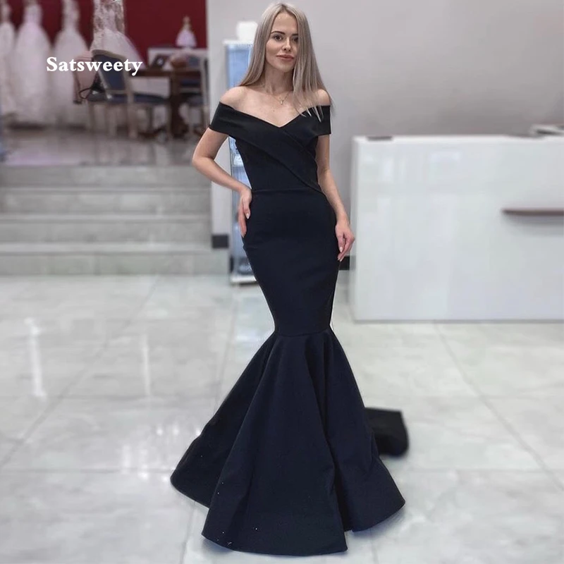 Elegant-Off-Shoulder-Evening-Dress-Mermaid-Style-Black-Satin-2019-Women-Formal-Party-Gowns-Vestido-De