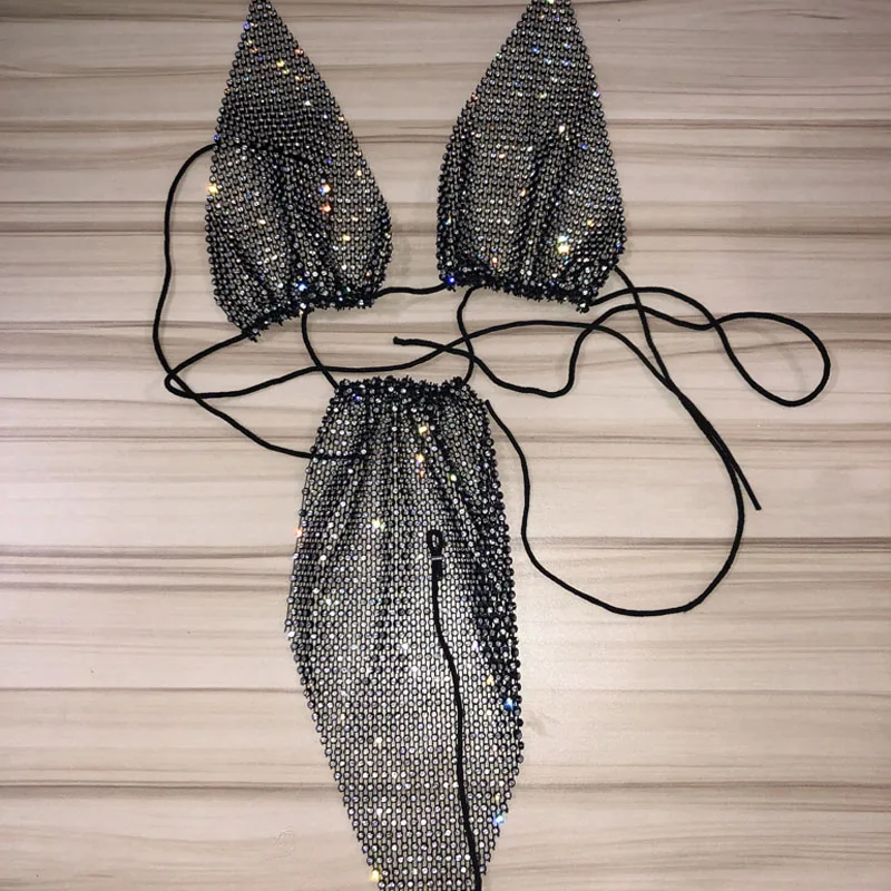 Black-Set Stonefans сексуальное нижнее белье бикини с цепочкой комплект ювелирных изделий для женщин роскошный купальник кристалл бюстгальтер и трусики Эротическое нижнее белье набор - Окраска металла: Black-Set