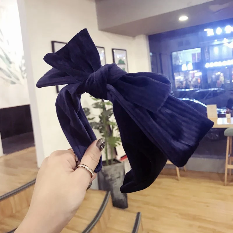 navy blue hairband Зимняя винтажная Толстая двойная повязка на голову с большим бантом для женщин девочек обруч для волос ремешки Аксессуары для повязки на голову для девочки модный головной убор - Цвет: navy blue hairband