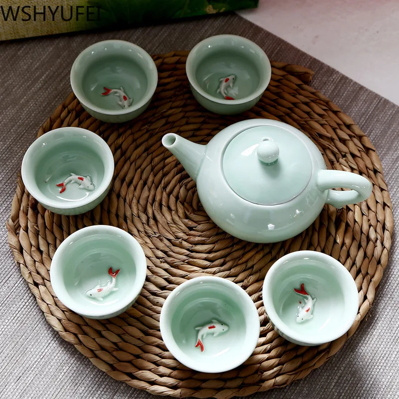 Керамический чайный сервиз Longquan celadon с рыбой чайник керамическая чаша китайский